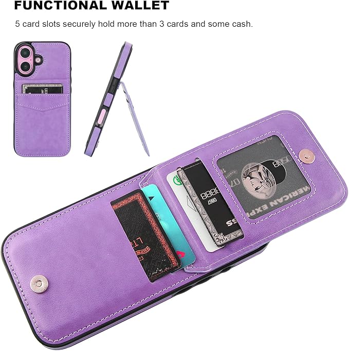 KIHUWEY Compatible with iPhone 16 Case Wallet with Credit Card Holder, Flip Premium Leather Magnetic Clasp Kickstand Heavy Duty Protective Cover for iPhone 16 6.1 Inch (Purple)