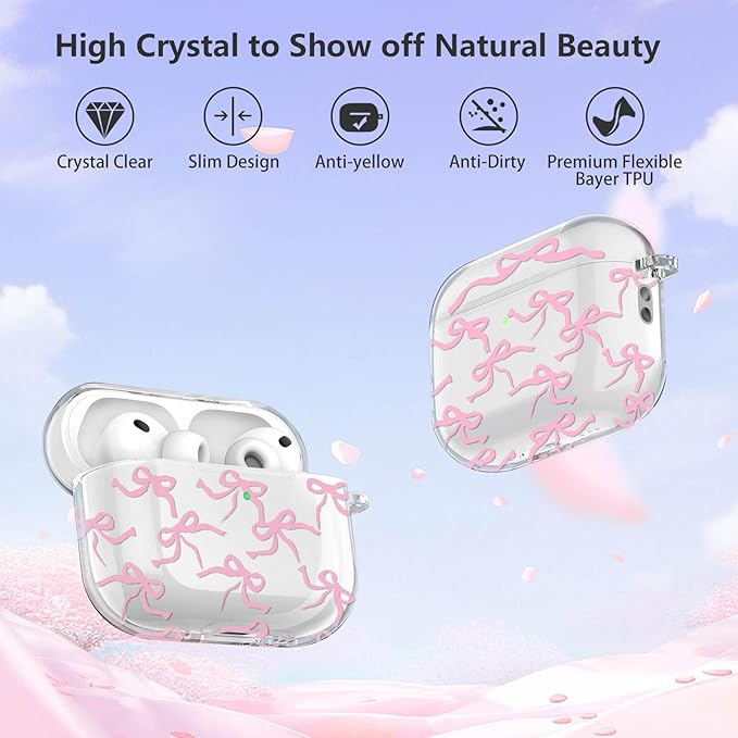 for Airpods Pro 3 Case Clear,Cute Girly Bow Tie Kawaii Ribbon Pattern for Airpods Pro 3rd Generation Case Cover,Soft TPU with Bowknot Flower Heart Keychain&Cleaning Pen Women Girls-Clear