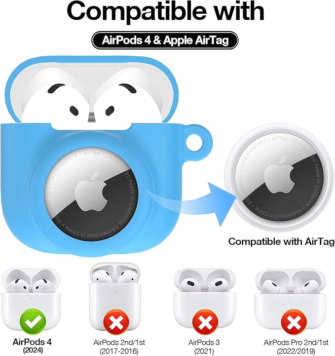 2 in 1 Silicone Case Compatible with AirPod 4 and AirTag 2/1, Shockproof Protective Skin Cover for AirPods 4th Generation with Cleaner Kit & Carabiner (Glow Blue)