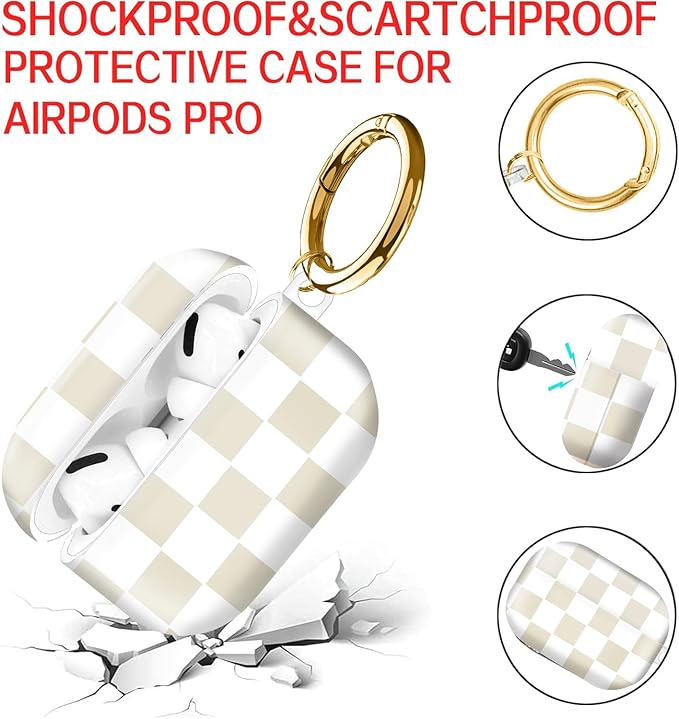 Compatible with AirPod Pro Case 2nd/1st Gen (2023/2022/2019),Shockproof Protective Cover with Keychain for Women,Cute Charging Case for Airpod Pro 2/1(Checkered Beige White)