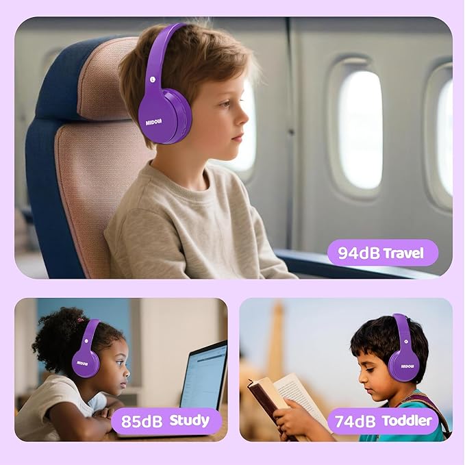 MIDOLA Kids Headphones Bluetooth 5.4 Wireless 68H Play Time Volume Limit 85/94dB Over-Ear Foldable Headset,Type-C Fast Charging, Wired Aux Mic for Toddler Child Pad Tablet Purple