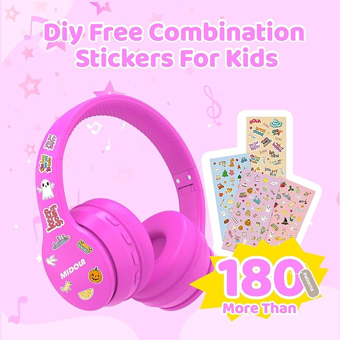MIDOLA Kids Headphones Bluetooth 5.4 Wireless 68H Play Time Volume Limit 85/94dB Over-Ear Foldable Headset,Type-C Fast Charging, Wired Aux Mic for Toddler Child Pad Tablet Rose Red
