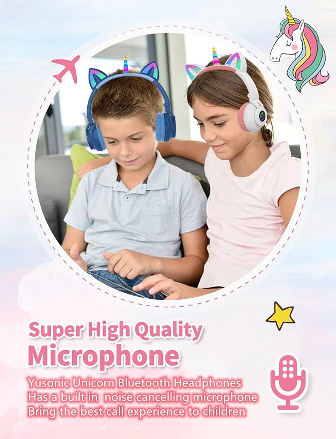 Unicorn Kids Headphones for Girls, Unicorn Bluetooth Headphones Foldable for Girls Toddlers Tablet/pad/Amazon fire,Light Up Kids Wireless Headphone Birthday Gifts (White Pink)