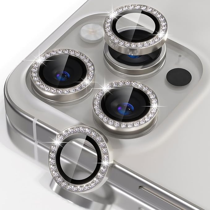 Misea Compatible for iPhone 16 Pro/iPhone 16 Pro Max Camera Lens Protector Bling, 9H Tempered Glass Camera Cover Screen Protector Metal Individual Ring Protector Accessories, Natural Titanium Diamond
