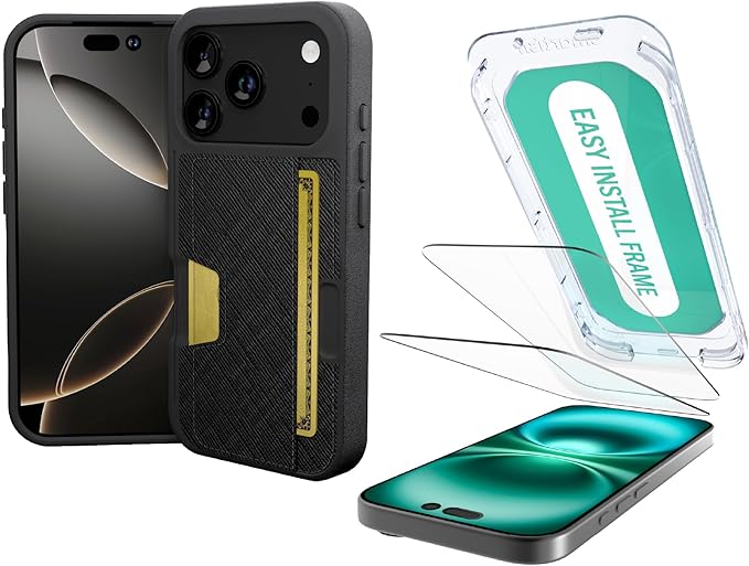Smartish® iPhone 17 Pro Wallet Case + Screen Protector - [Slim + Protective] Phone Case Credit Card Holder + 2-Pack Tempered Glass Screen Protectors for Apple iPhone 17 Pro - Black Tie Affair