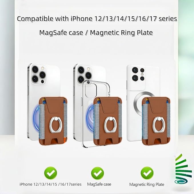 for Magsafe Wallet, Slim Magnetic Card Wallet with Grip, 7 Cards Holder RFID Blocking, Ring Stand Stick on Wallet with Privacy Flap(Brown)