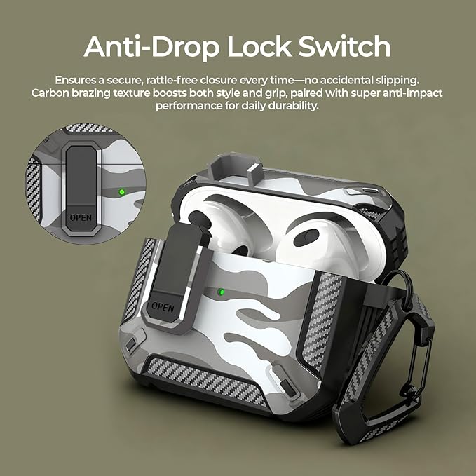for AirPods 4 Case 2024 with Secure Lock Clip - Military-Grade Drop Protection AirPods 4th Generation Case, Carbon Fiber Shockproof Cover, Automatic Pop-up & Carabiner Hook, Camo Gray