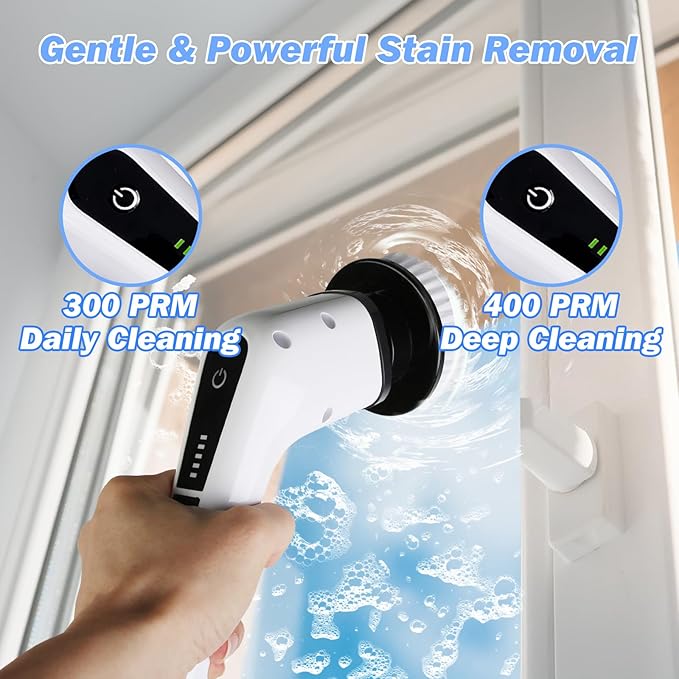 Electric Spin Scrubber, IPX7 Waterproof Cordless Cleaning Brush with 8 Replaceable Brush Heads, 2 Speed Shower Scrubber with Long Handle for Bathroom Tub Tile Floor