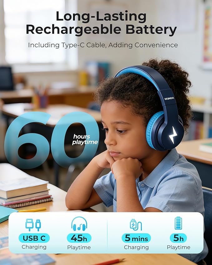 seenda Kids Bluetooth Headphones, JCH-01 Kids Wireless Headphones for School, 85/94dB Volume Limited, 45H Playtime, 3 Lighting Modes, Built-in Mic Headset with Aux Cord for iPad/Tablet, Dark Blue