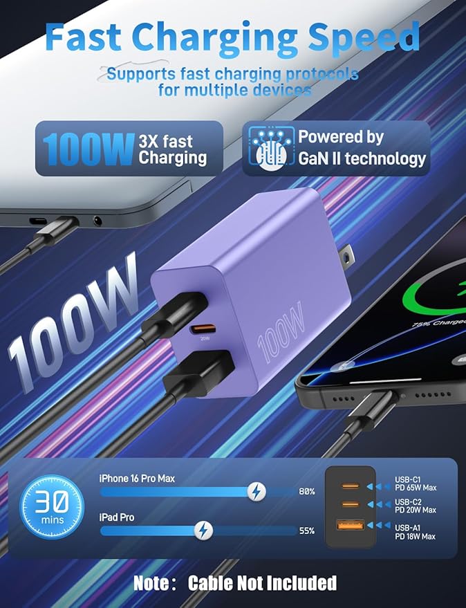 2Pack 100W USB C Charger Block, 3Port Fast Charging Adapter, Type C Fast Charging Blocks Cube PD USBC Wall Plug+QC3.0 USB A Charger Brick for MacBook Pro/Air,iPad,iPhone 17/16,Samsung S25 &More-Purple