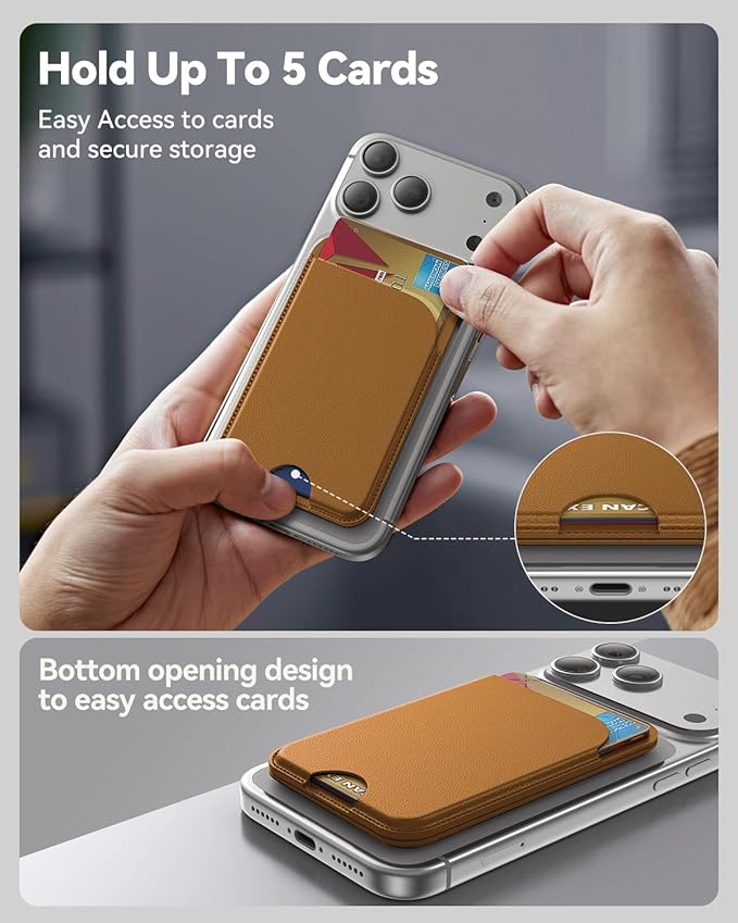 for MagSafe Wallet, 5 Cards Holder with Stand, Magnetic Phone Wallet Stand for iPhone 17/16/15/14/13/12 Pro Max Air Plus Series, RFID Blocking Vegan Leather,Brown