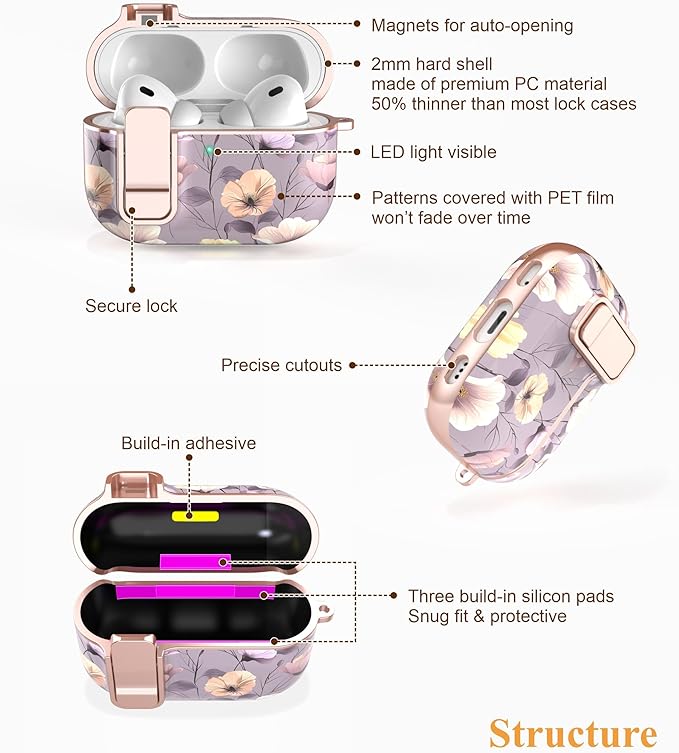 TATOFY for AirPods Pro 3rd (2025) Generation Case with Lock Carabiner Cleaner, Slim AirPod Pro 3 Hard Case Cover, Compatible with MagSafe (Violet)