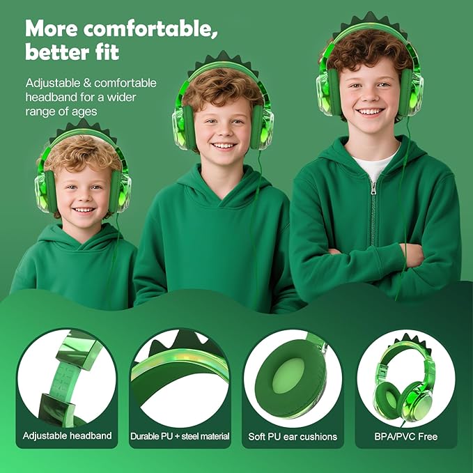 QearFun Kids Dinosaur Headphones Wired with Mic, 85/94dB Safe Volume Limit, Sparkly Wired Headset, Foldable, Sharing Port & Tangle-Free Cord for School, Chromebook, Tablet, Travel, Boys & Girls