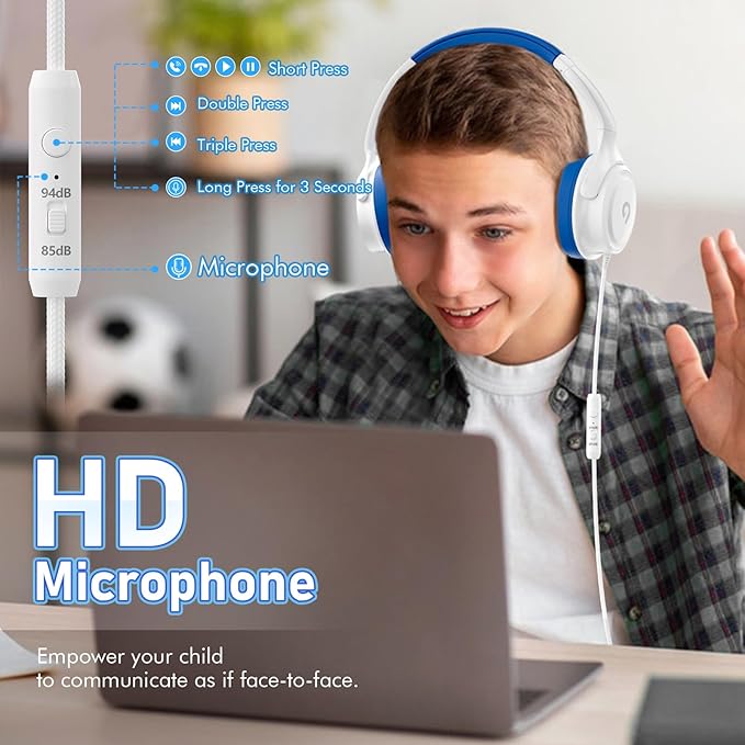 Kids Headphones with Cord-3.5mm Jack 85/94dB Safe Volume Control Built-in Microphone On-Ear Headphones for Kids/Teens/School/Travel/3.5mm Devices(White)