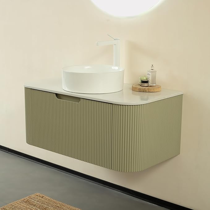 KEIKI 36" Bathroom Vanity Cabinet with Sink Combo, Wall Mounted Curved Edges Striped Floating Bathroom Vanity with Soft-Close Drawer, White Round Ceramic Basin Without Faucet, Light Green