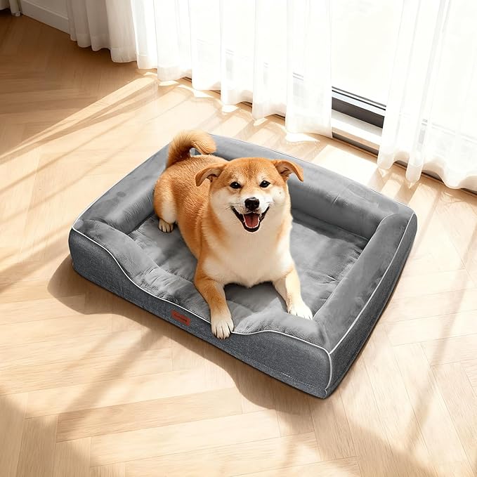 Orthopedic Dog Beds Large Sized Dog with Removable Faux Fur Washable Covers,Waterproof Pet Couch Bed with Cooling Gel Memory Foam and Bolster Side for Big Breed Pets,36" Dark Grey