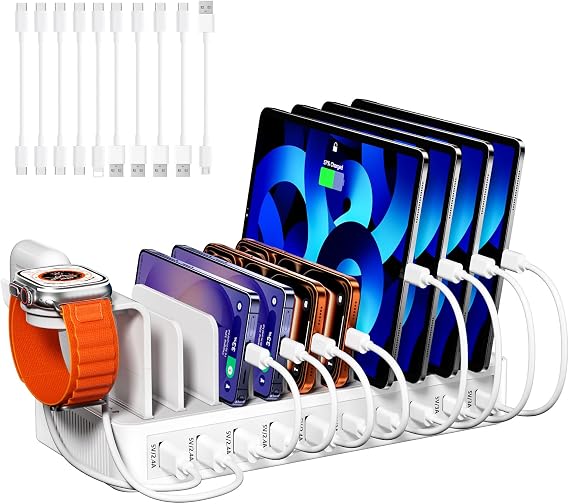 100W Charging Station for Multiple Devices, 10-Port USB Charging Dock Organizer with 10 Cables & Watch Stand, Adjustable Dividers Multi Charger Compatible with iPad/Tablet/iPhone/Android, White