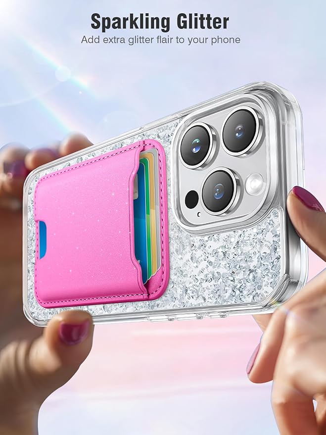 TopMade for Magsafe Wallet, Sparkle Magnetic Card Holder for iPhone 17, iPhone 16/15/14/13/12 Series, Leather Magnetic Phone Wallet with Powerful Magnet, RFID Blocking, Fit 4 Cards, Glitter Pink