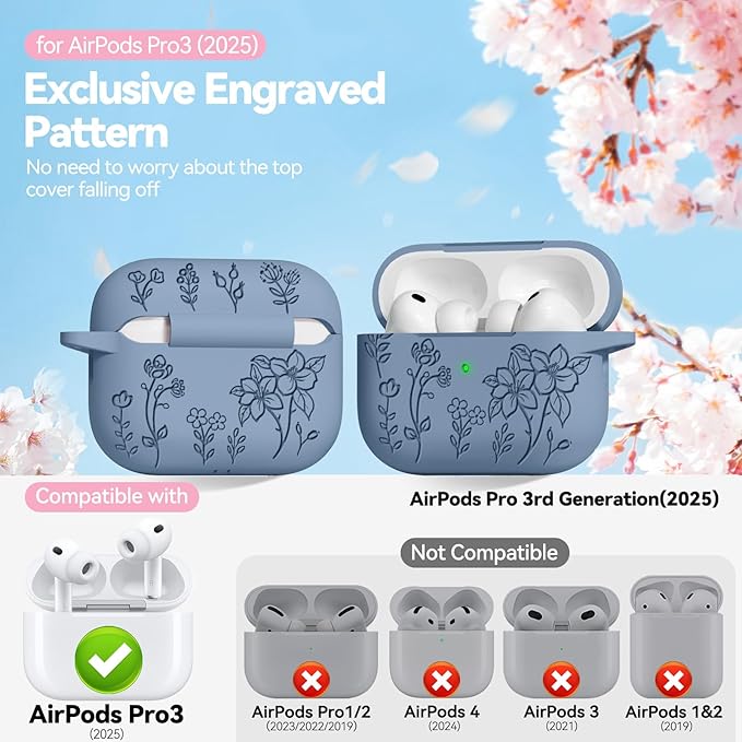 for Airpods Pro 3 Case, Flower Engraved Case Cover Compatible with AirPods Pro 3rd Generation 2025, Soft Silicone Cases with Cute Keychain & Cleaner for Women Girly, Shockproof