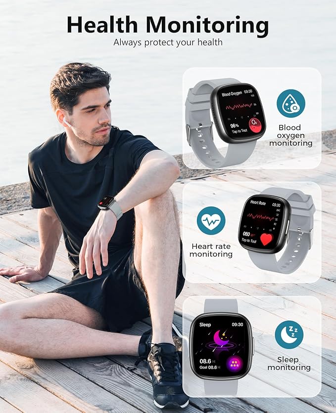 Smart Watches for Men Women with Bluetooth Call 1.72" HD Touch Screen Fitness Watch with Heart Rate/Sleep Monitor,100+ Sports Modes Fitness Tracker Smartwatch with IP68 Waterproof for Android iOS,Grey