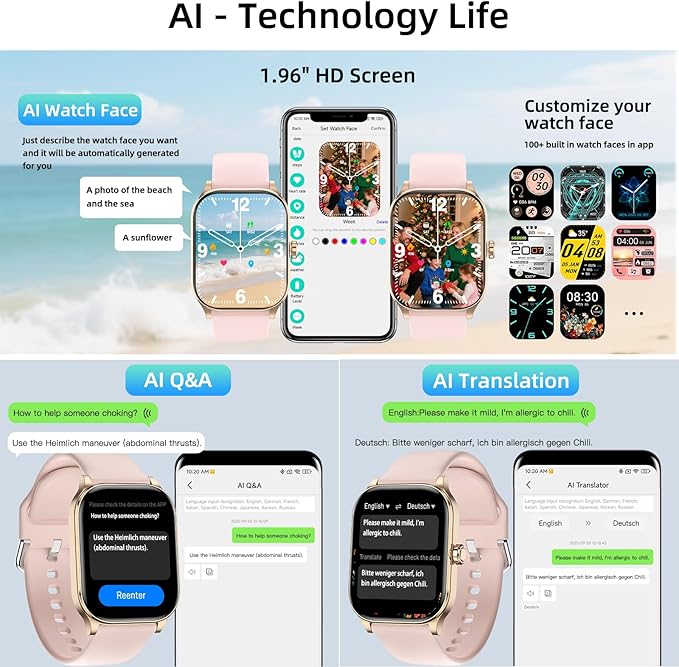 Smart Watch with Built-in GPS, 1.96" HD Display, Answer/Make Calls, 100+ Sport Modes, Heart Rate/Sleep/SpO2 Monitor, Fitness Activity Tracker for Android and iPhone, for women men (Pink, 1.96")
