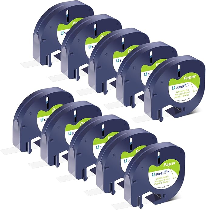 10 Pack Compatible for Dymo Label Maker Refills 91330 10697 S0721510 White Paper Label Tape 12mm x 4m for Dymo Letratag Refill 200B LT-100H LT-100T LT-110T LT-100H Plus QX50