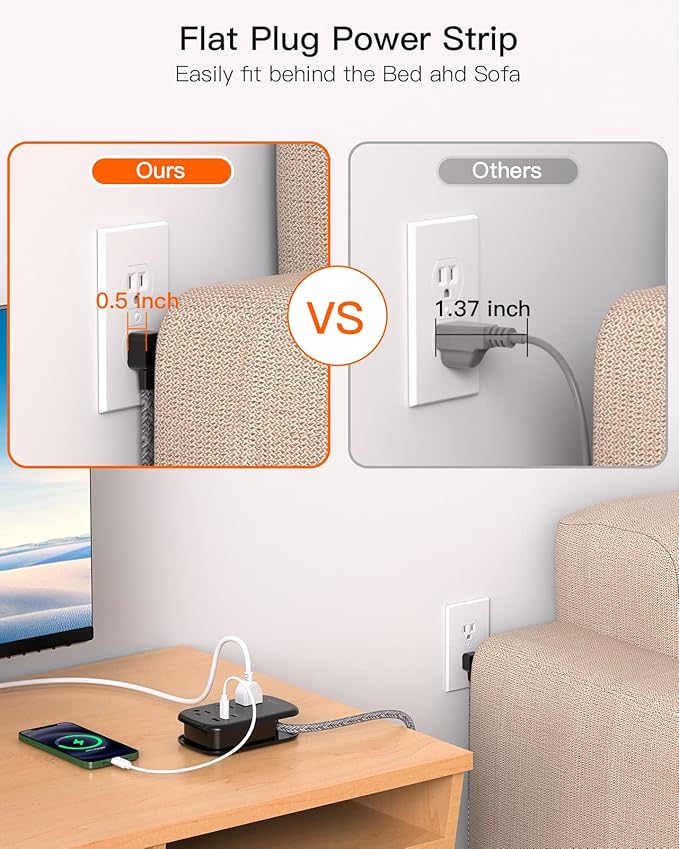 USB C Travel Power Strip, BESHON Ultra Flat Extension Cord, Flat Plug Power Strip, 3 Outlets with 3 USB Ports(2 USB C), 3.2ft Wrapped Around Extension Cord for Cruise Ship, Travel Essentials, Black