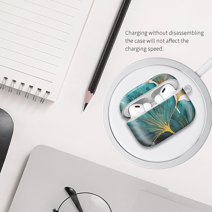 Compatible with Airpod pro 2nd/1st Generation Case Cover with Gold Round Keychain Cute Pattern Hard & Anti Slip Cover for Men Women & Girls（Green Lotus Leaf）