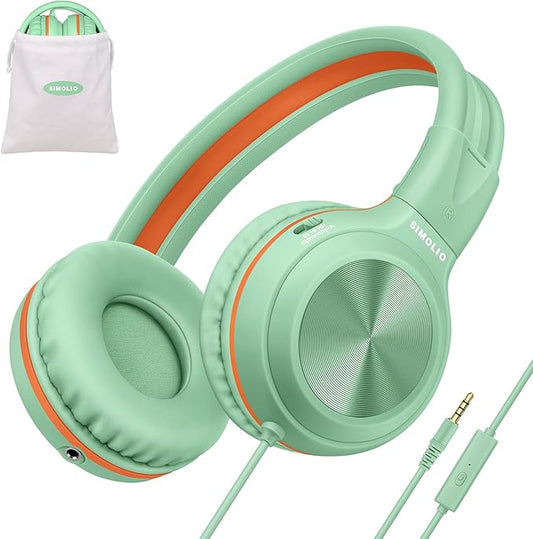 SIMOLIO Kids Wired Headphones with Microphone and 3-Level Volume Control, Stereo Corded Headphone Girls, Boys, On-Ear 3.5mm PC Headset Teens for Cellphones Tablets Chromebook Laptop Computer (Green)