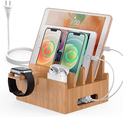 Pezin & Hulin Bamboo Charging Station with USB Charger,5Cables-Natural