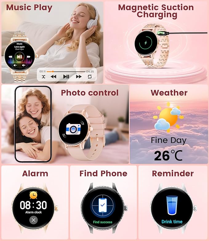 Smart Watches for Women with 1.32" AMOLED Display, Bluetooth Calling, 121 Sports Modes, Heart Rate & Sleep Monitor, Fitness Tracker, IP68 Waterproof, 2 Bands, Compatible with Android iOS
