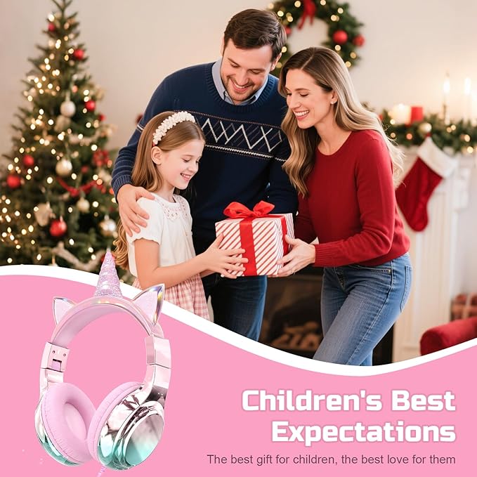 QearFun Kids Unicorn Headphones Wired with Mic, 85/94dB Safe Volume Limit, Sparkly Wired Headset, Foldable, Sharing Port & Tangle-Free Cord for School, Chromebook, Tablet, Travel, Boys & Girls