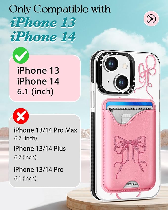 Toycamp for iPhone 14 Case, for iPhone 13 Case - Compatible with Magsafe Credit Card Holder Wallet Magnetic Cute Women Teen Girls Kawaii Girly Unique Bow Design Phone Cover for iPhone 14/13