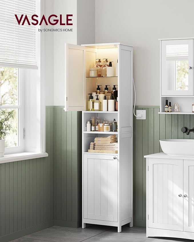 VASAGLE Tall Storage Cabinet with Lights, Slim Freestanding Cabinet with Adjustable Shelves, for Small Spaces, Bathroom, Living Room, Modern, 15.7 Inches Wide, Cloud White UBBC766W02