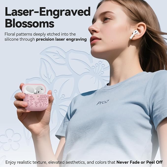 for AirPods 4 Case, Soft Silicone Flower Engraved Airpod 4 Cases with Qute Keychain & Cleaning Kit, Compatible with AirPods 4th Generation 2024 Cover for Women Girly, Anti-Scratch, Shockproof