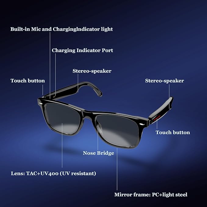 Blackview Smart Glasses, 5.3 Bluetooth Sunglasses with Open Ear Speaker, Voice Assistant Compatible, Blue Light Blocking Lens