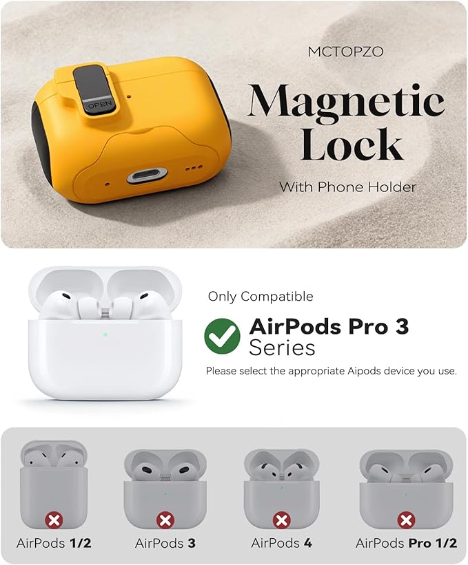 Compatible with AirPods Pro 3 2025 Case with Phone Stand & Cleaning Kit,Magnetic Automatic Lock Design Cover for Air pods Pro 3rd- (Yellow)