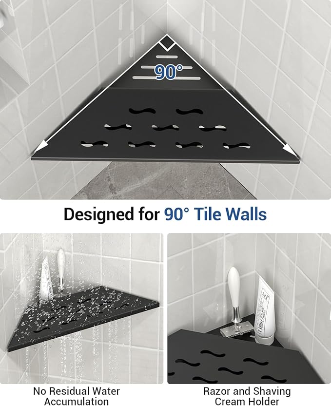 DAYONE Corner Foot Rest for Shaving Legs 10'' Black, Wall Mounted 304 Stainless Steel Footrest with Shaving Holder, Recessed Designed Foot Ledge for Bathroom Inside Shower