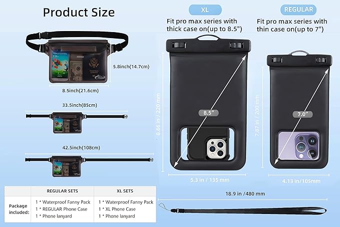AiRunTech Beach Waterproof Gear Combo Pack, Protect Phone Wallet Passpor Valuables Safe, Cruise Travel Vacation Essentials(Floating Large Phone Pouch + Black Fanny Pack)