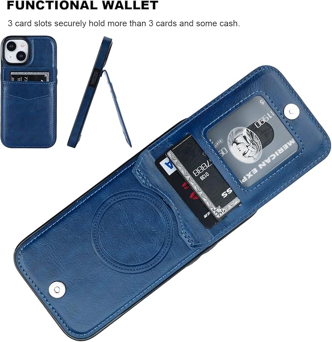 KIHUWEY for iPhone 15 Case Wallet Compatible with MagSafe Wireless Charging, Credit Card Holder, RFID Flip Leather Magnetic Clasp Kickstand Heavy Duty Protective Cover 6.1 Inch (Blue)