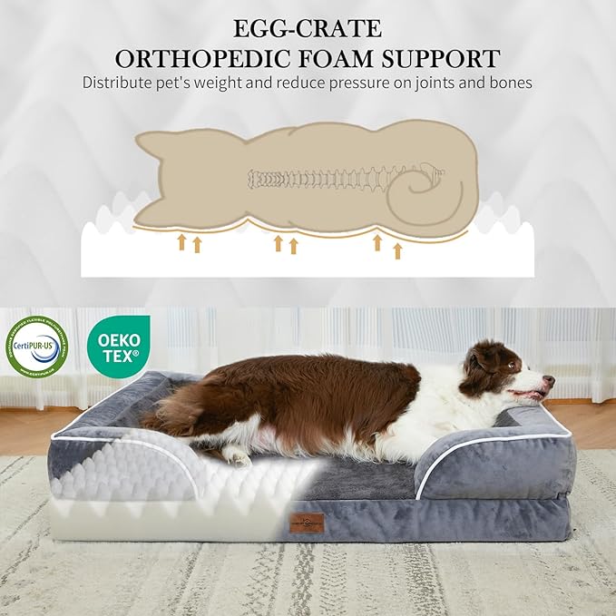 Comfort Expression Orthopedic Dog Bed for Large Dogs 38x25 Inch, Waterproof Supportive Egg Crate Foam Large Pet Bed with Removable Bolsters, Dog Couch with Washable Cover & Non-Slip Bottom, Dark Grey