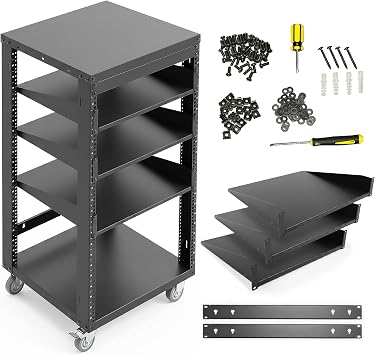 AxcessAbles 22U Open Frame Network & AV Rack with Caster Wheels, Three 2U Shelves, 10-32 & Cage Nut Compatible Rails, Cage Nuts, Screws, Cage Nut Tool & Wall Mount Kit | 19-Inch Equipment Rack