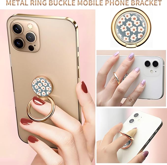 Cell Phone Ring Holder, Cute Metal Phone Grip Stand Finger Ring Kickstand, Flexible 360°Rotation Phone Tablet Case Accessories Compatible with Most Phones Grey Small Flowers