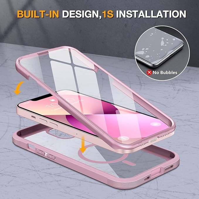 Miracase Compatible with iPhone 13 case 6.1 inch, 2021 Upgrade Full-Body Glass Clear Case Bumper Case with Built-in 9H Tempered Glass Screen Protector for iPhone 13,Pink
