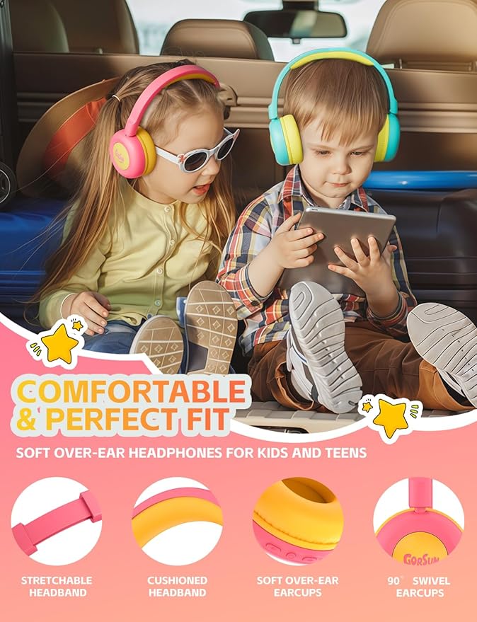 gorsun Kids Bluetooth Headphones,Toddler Headphones with Microphone,85dB Volume Limited,Bluetooth 5.3 Twistable Lightweight Kids Wireless Earphones for Boy Girl Tablet Travel School