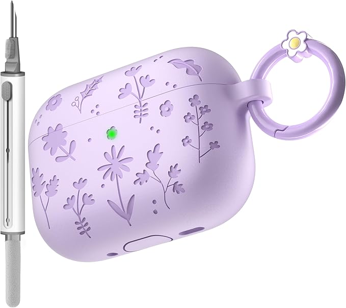 for AirPods Pro 3 Case (2025) DamonLight Floral Engraved Shockproof Protective Soft Silicone Case Cover with Cleaning Pen and Floral Keychain for Apple Airpods Pro 3rd Generation (Purple)