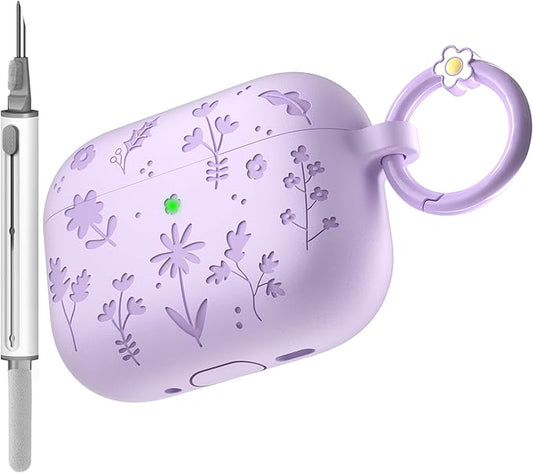 for AirPods Pro 3 Case (2025) DamonLight Floral Engraved Shockproof Protective Soft Silicone Case Cover with Cleaning Pen and Floral Keychain for Apple Airpods Pro 3rd Generation (Purple)