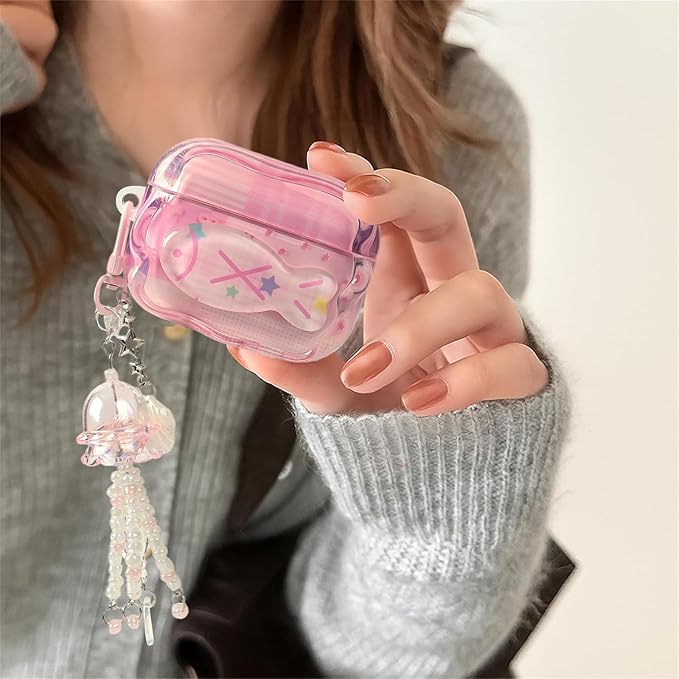 Compatible with AirPods Pro Case with Cleaner Kit, Cute Cartoon Fish Star Keychain Soft TPU Shockproof Cover for Airpods Pro 2nd/1st Generation -Pink