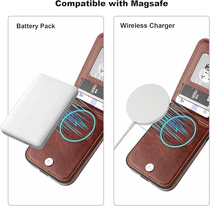 KIHUWEY for iPhone 17 Case Wallet Compatible with MagSafe Wireless Charging, Credit Card Holder, RFID Flip Leather Magnetic Clasp Kickstand Heavy Duty Protective Cover 6.3 Inch (Brown)