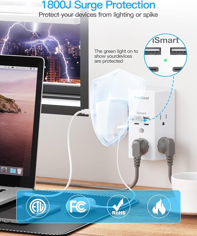 2 Pack Multi Plug Outlet, Surge Protector, 5 Outlet Extender with 4 USB Charging Ports (2 USB C), USB Wall Charger, 3-Sided 1800J Power Strip Outlets Splitter Wall Plug Adapter Spaced for Home Office